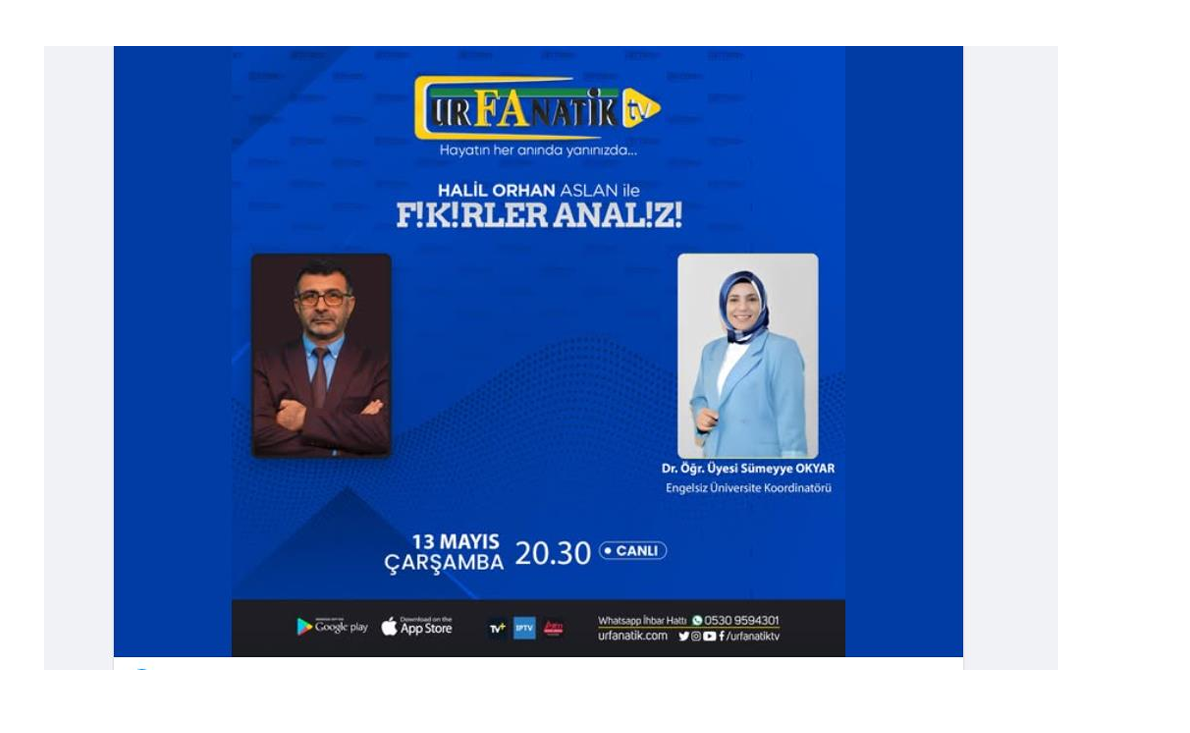 Engelliler haftasında, Fikirler Analizi programının konuğu, Dr. Öğr. Üyesi Sümeyye Okyar oluyor.  Engelsiz üniversite anlayışı, erişilebilir eğitim ve farkındalık üzerine önemli başlıkların konuşulacağı programı kaçırmayın.